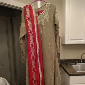 Pakistani Chiffon Grey  Red New Frock Churidar